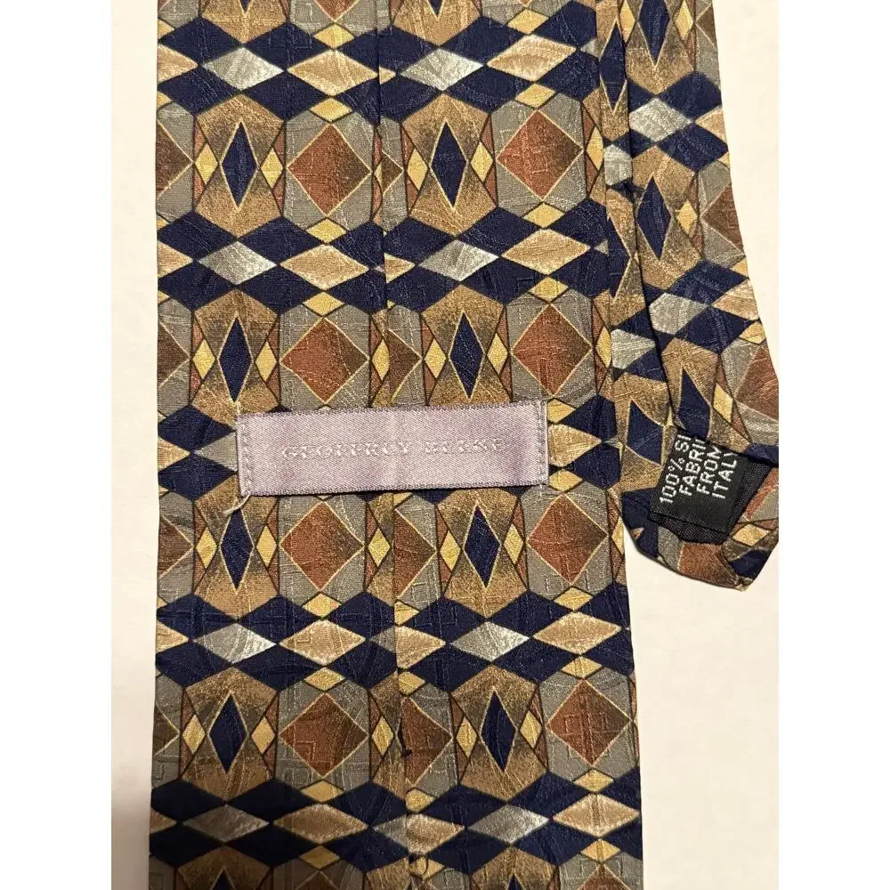 Geoffrey Beene 100% Italian Silk Necktie, Olive‎ Brown Black Geometric Design